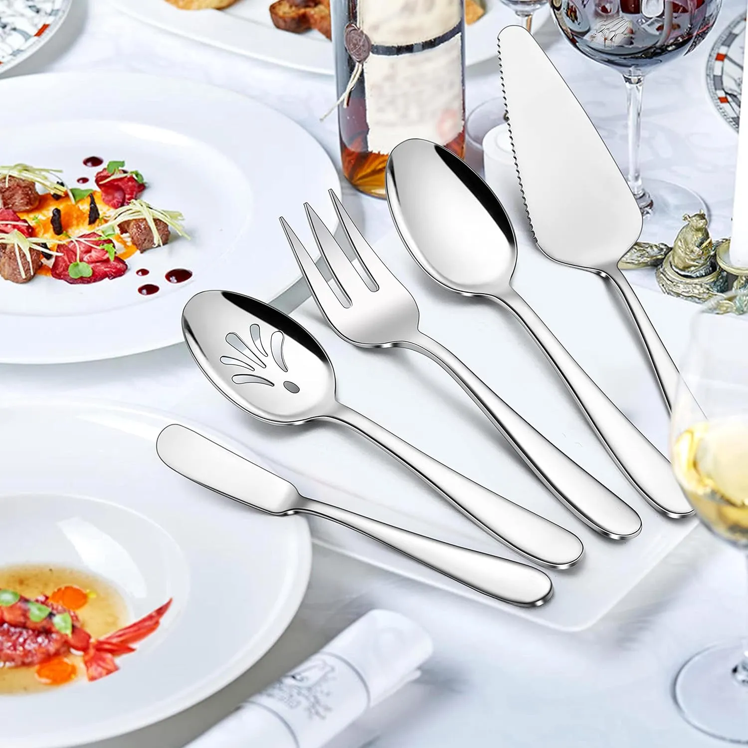 Herogo Heavy Duty Silverware Set with Serving Utensils, 45-Piece Stainless Steel Heavy Weight Modern Flatware Set for 8, Fancy Cutlery for Home Wedding, Dishwasher Safe, Mirror Finished