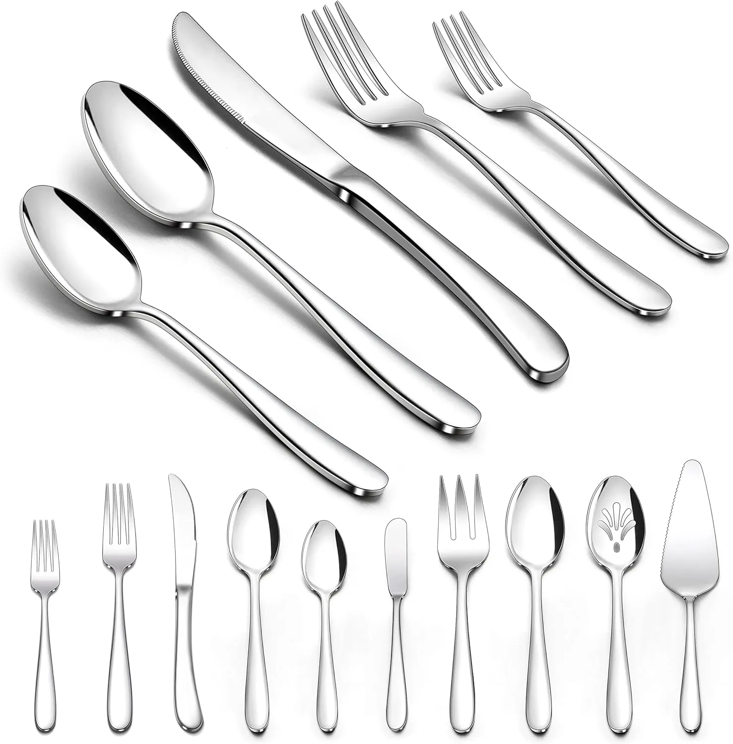 Herogo Heavy Duty Silverware Set with Serving Utensils, 45-Piece Stainless Steel Heavy Weight Modern Flatware Set for 8, Fancy Cutlery for Home Wedding, Dishwasher Safe, Mirror Finished