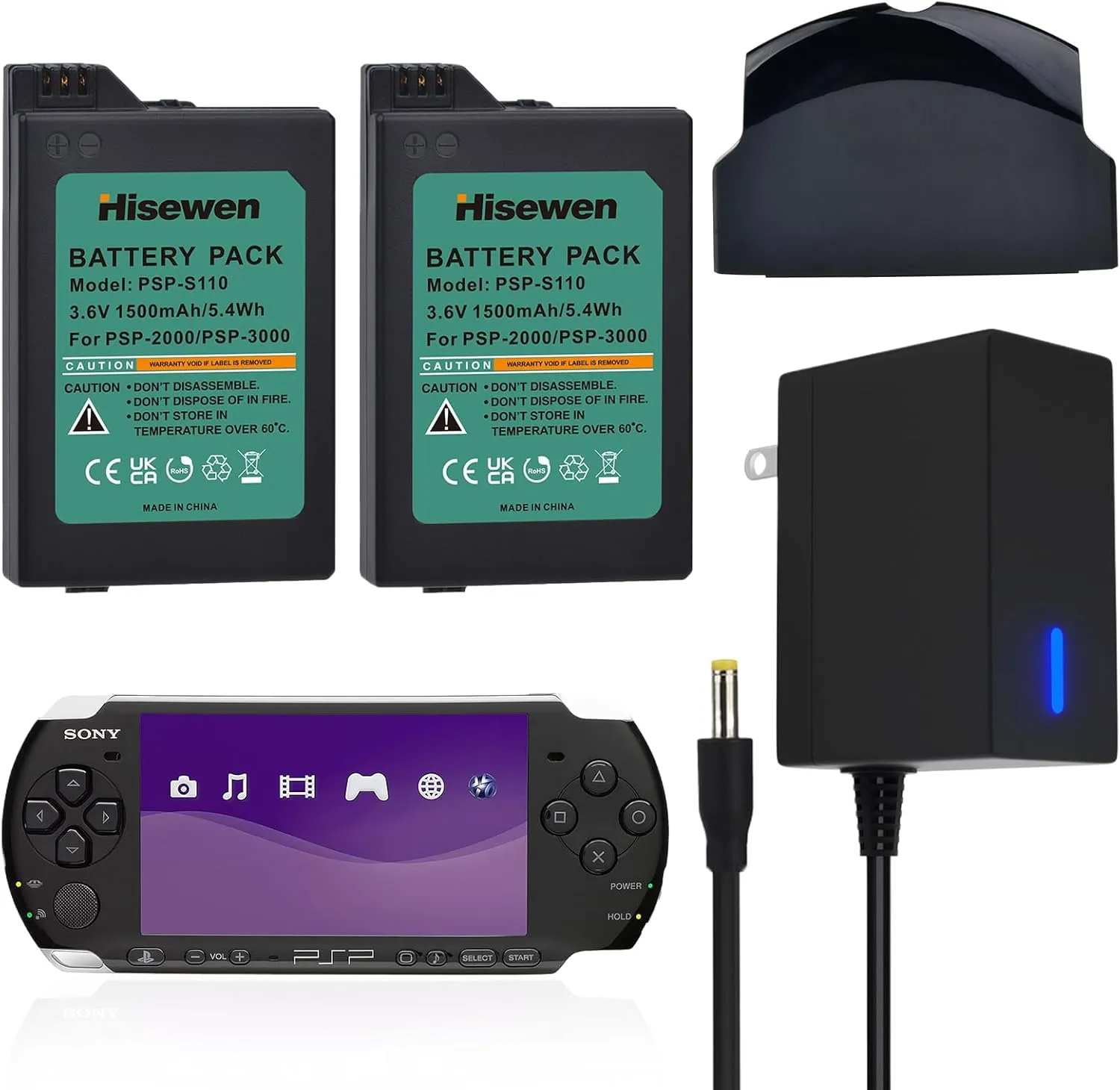 Hisewen 2 Pack 1500mAh PSP Battery & Fast Charger Kit for Sony PSP 3000/2000 Series (PSP-2001, 3001, 3004)