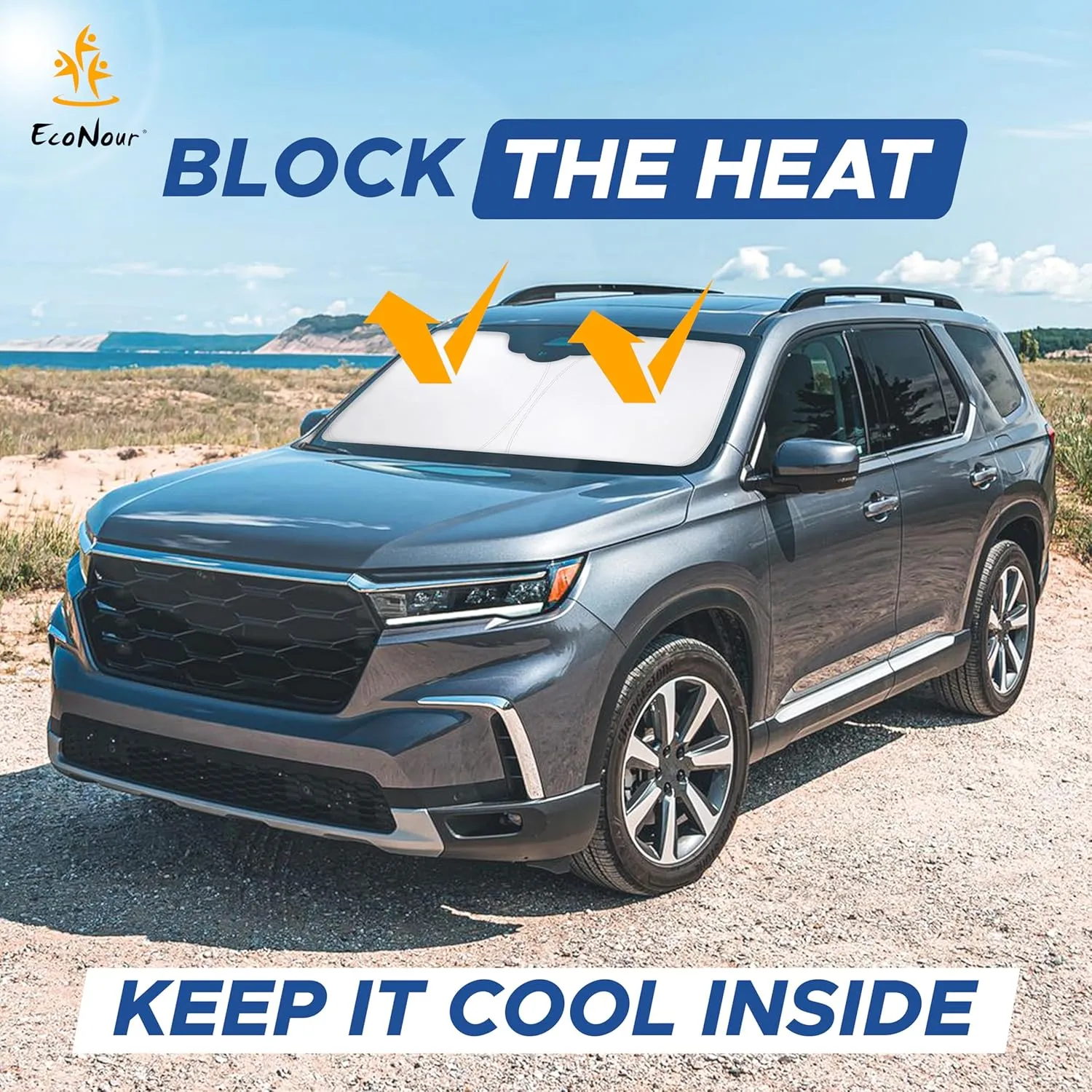 Honda Pilot EcoNour Car Windshield Sunshade Compatible with 2016-2024 2025-240T Polyester Material Car Sun Visor - Reflector Blocks UV Rays - Foldable Sunshade Interior Protection Accessories