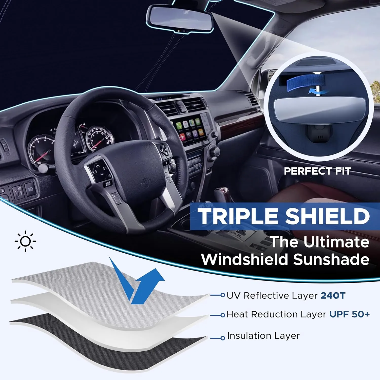 Honda Pilot EcoNour Car Windshield Sunshade Compatible with 2016-2024 2025-240T Polyester Material Car Sun Visor - Reflector Blocks UV Rays - Foldable Sunshade Interior Protection Accessories