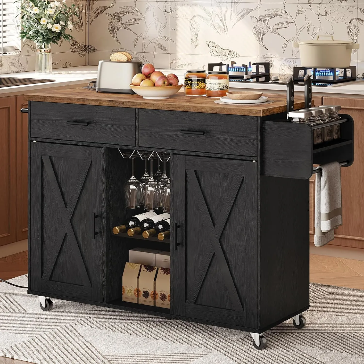 HOOBRO Kitchen Island with Storage, Rolling Island Cart on Wheels, Kitchen Island Table with Charging Station, 2 Drawers, Storage Cabinet and Towel Rack, Black and Rustic Brown BF14UZD01