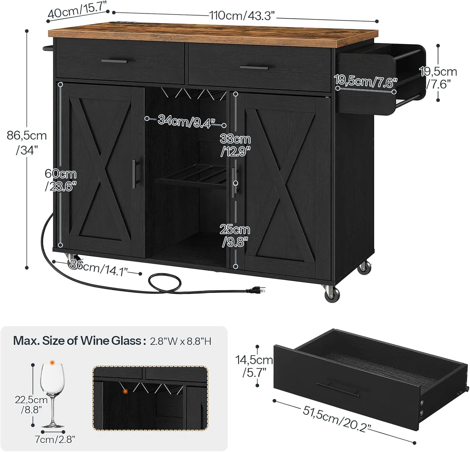 HOOBRO Kitchen Island with Storage, Rolling Island Cart on Wheels, Kitchen Island Table with Charging Station, 2 Drawers, Storage Cabinet and Towel Rack, Black and Rustic Brown BF14UZD01