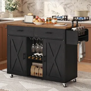 HOOBRO Kitchen Island with Storage, Rolling Island Cart on Wheels, Kitchen Island Table with Charging Station, 2 Drawers, Storage Cabinet and Towel Rack, Black and Rustic Brown BF14UZD01