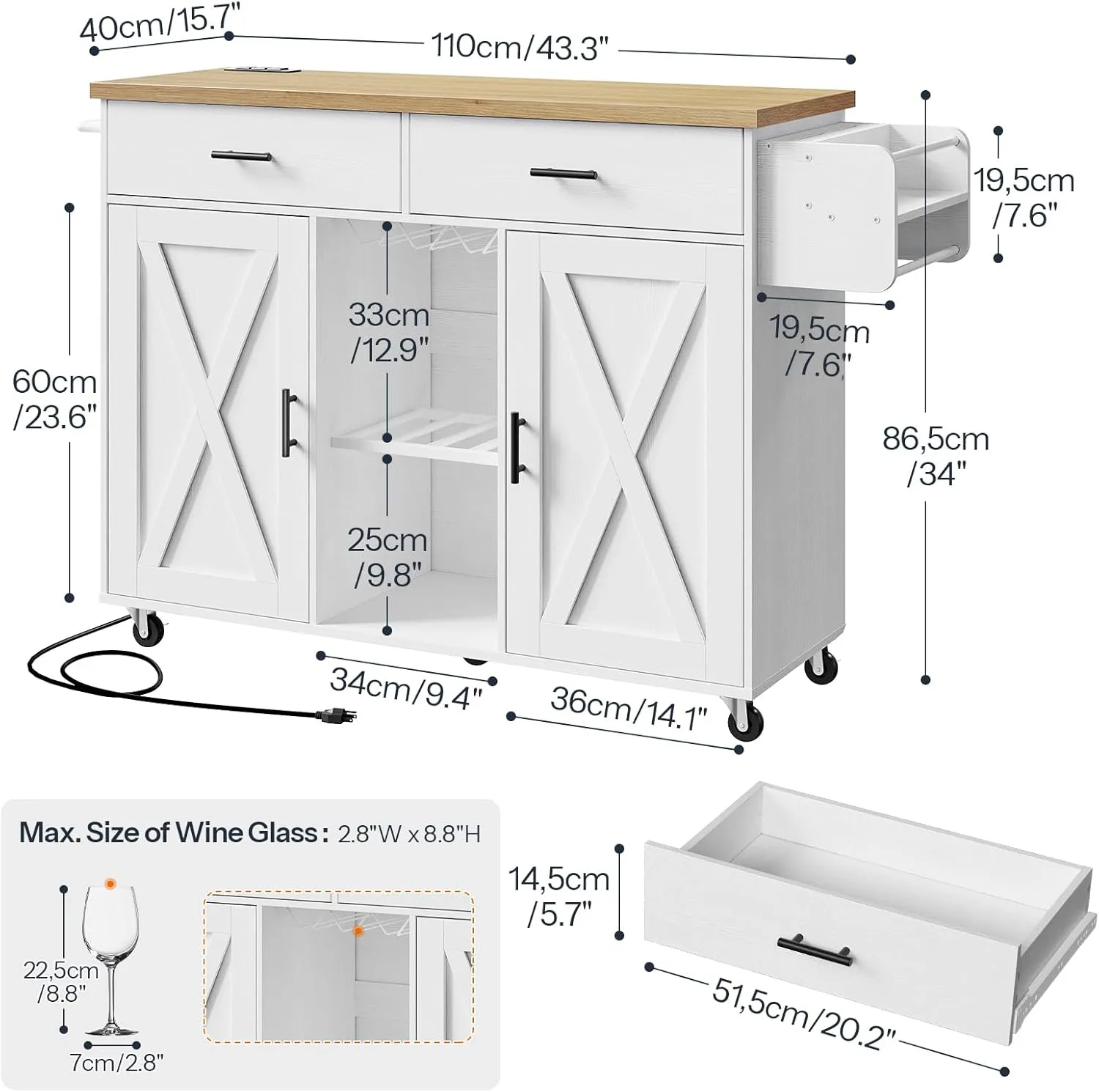 HOOBRO Kitchen Island with Storage, Rolling Island Cart on Wheels, Kitchen Island Table with Charging Station, 2 Drawers, Storage Cabinet and Towel Rack, White and Natural WN14UZD01