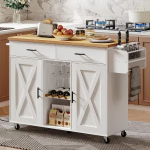 HOOBRO Kitchen Island with Storage, Rolling Island Cart on Wheels, Kitchen Island Table with Charging Station, 2 Drawers, Storage Cabinet and Towel Rack, White and Natural WN14UZD01