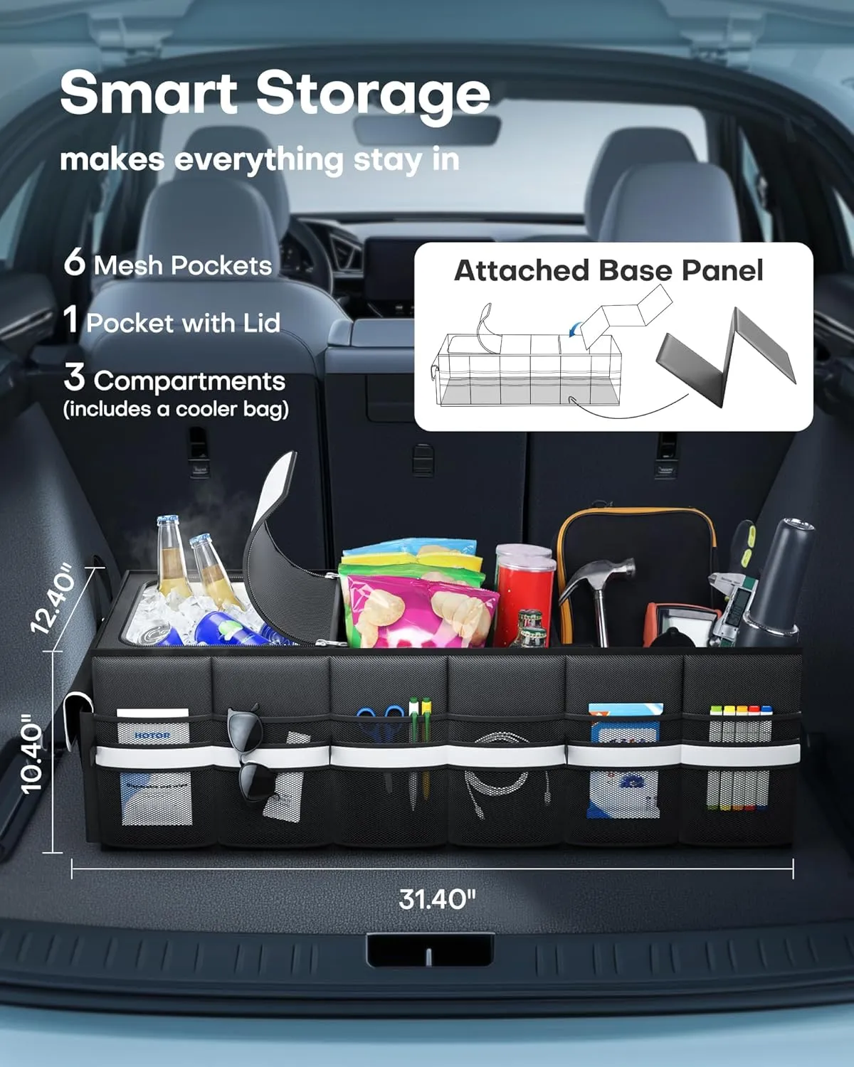 HOTOR Trunk Organizer - Car Organizer with Built-In Leakproof Car Cooler, Collapsible Trunk Organizer with Cooler for SUV, Sedan, with Base Panel (3 Compartments, Black),31.9"×12.6"×10.6"