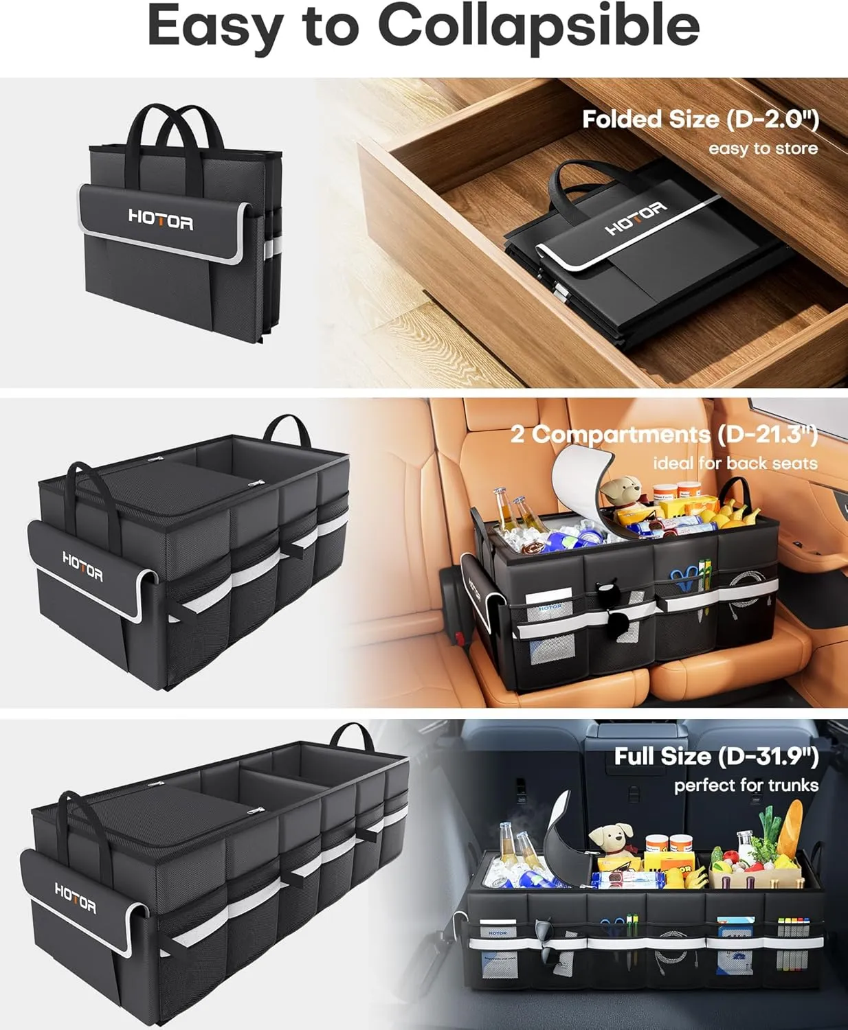 HOTOR Trunk Organizer - Car Organizer with Built-In Leakproof Car Cooler, Collapsible Trunk Organizer with Cooler for SUV, Sedan, with Base Panel (3 Compartments, Black),31.9"×12.6"×10.6"
