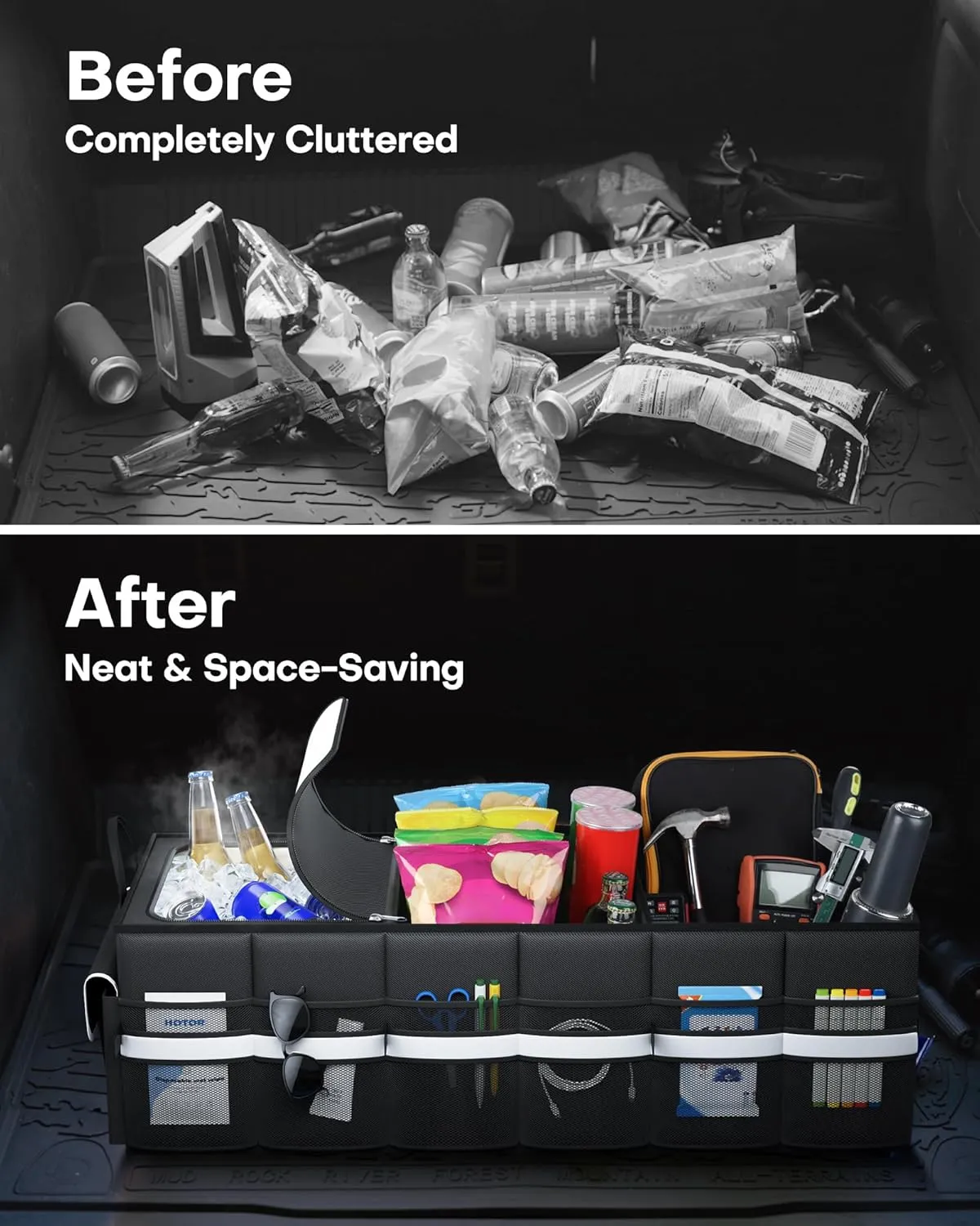 HOTOR Trunk Organizer - Car Organizer with Built-In Leakproof Car Cooler, Collapsible Trunk Organizer with Cooler for SUV, Sedan, with Base Panel (3 Compartments, Black),31.9"×12.6"×10.6"