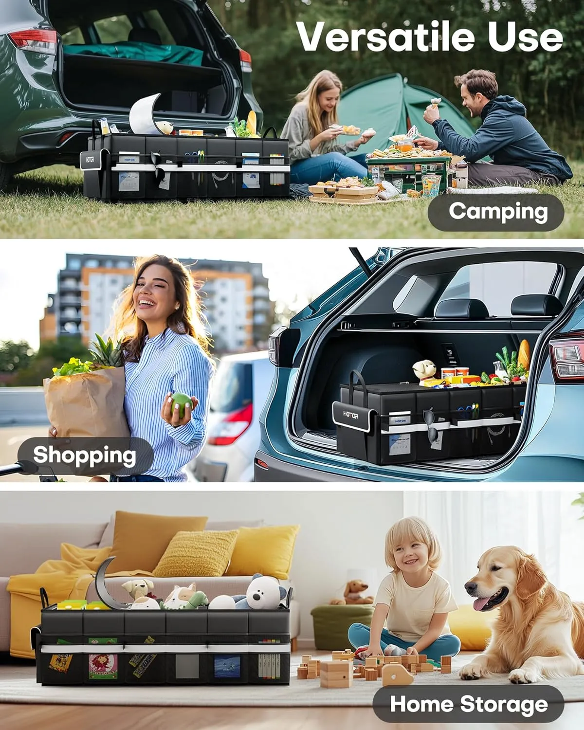 HOTOR Trunk Organizer - Car Organizer with Built-In Leakproof Car Cooler, Collapsible Trunk Organizer with Cooler for SUV, Sedan, with Base Panel (3 Compartments, Black),31.9"×12.6"×10.6"