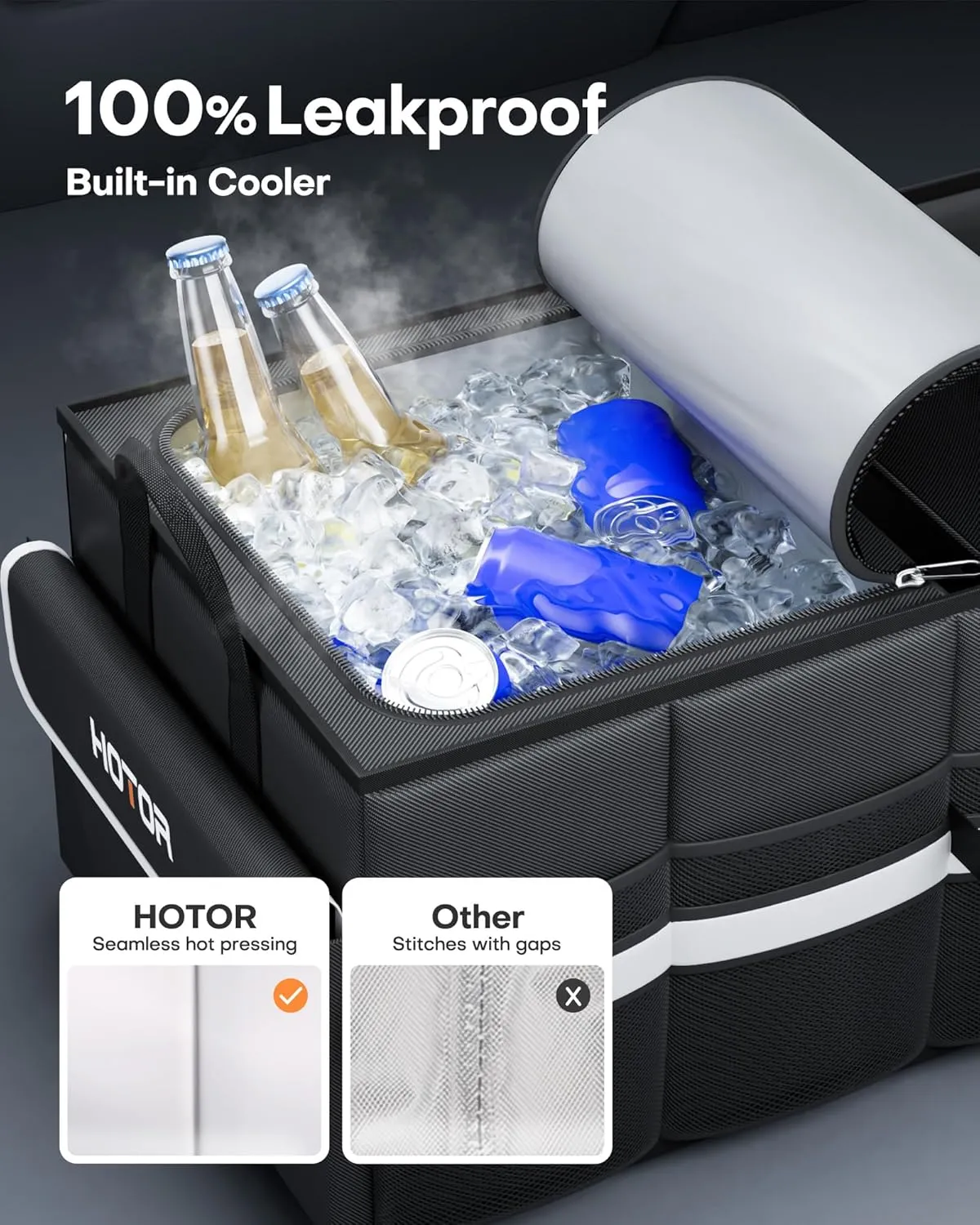 HOTOR Trunk Organizer - Car Organizer with Built-In Leakproof Car Cooler, Collapsible Trunk Organizer with Cooler for SUV, Sedan, with Base Panel (3 Compartments, Black),31.9"×12.6"×10.6"