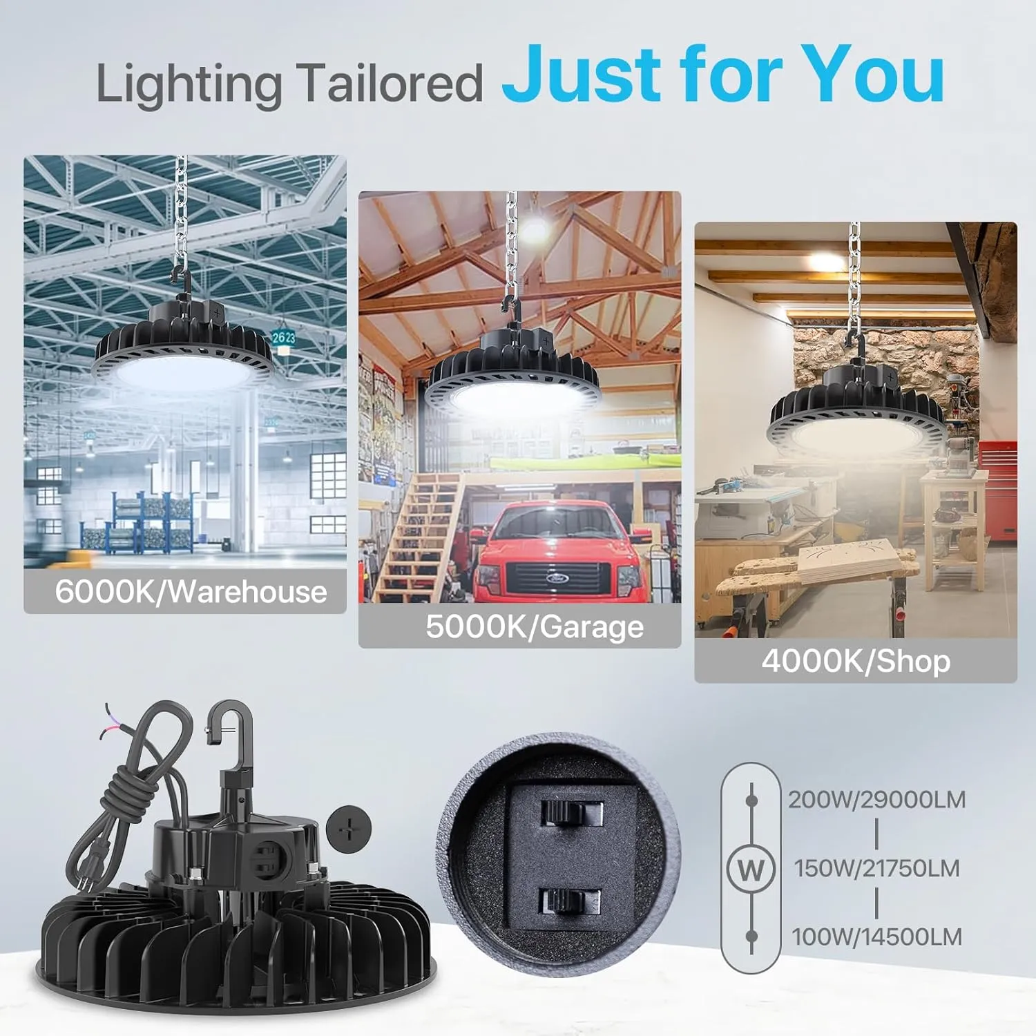 HYPERLITE LED High Bay Light | 29000LM (200W) Dimmable High Bay LED Lighting | UL Listed | 5000K Commercial Lights | US Hook Included | Alternative to 850W MH/HPS | 4-Pack