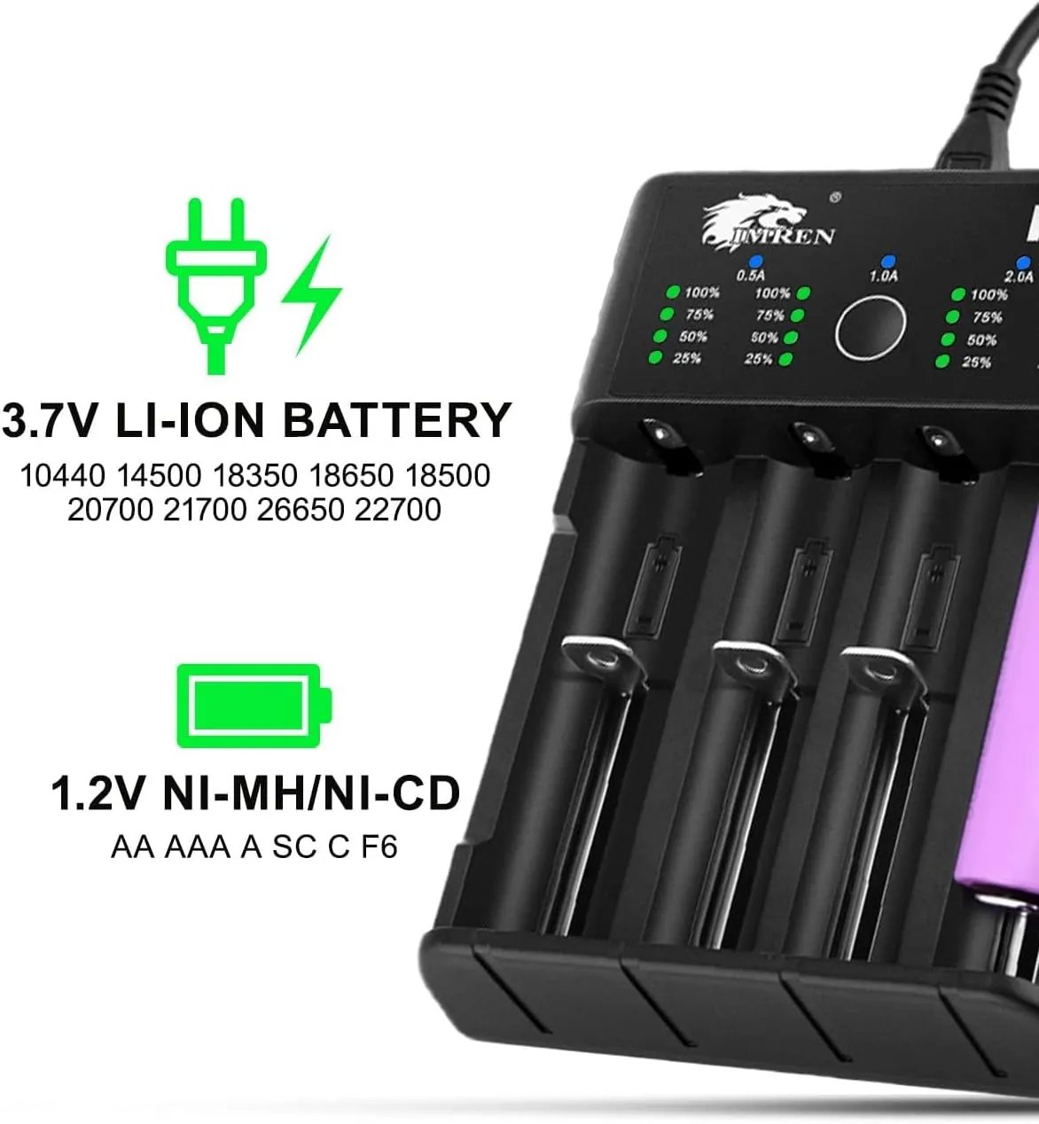 IMREN 18650 Battery Charger,21700 Battery Charger for 3.7V 14500 10400 18500 18350 18650 18700 20700 21700 22650 26650 Li-ion Battery,1.2V Ni-MH/Ni-Cd Battery,4 Bay 18650 USB C Charger
