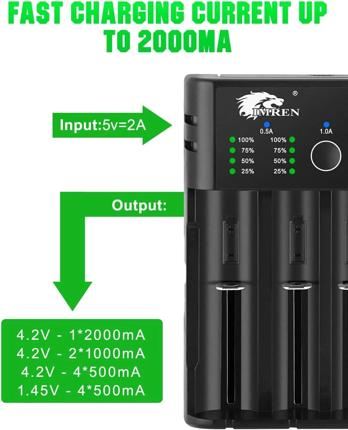 IMREN 18650 Battery Charger,21700 Battery Charger for 3.7V 14500 10400 18500 18350 18650 18700 20700 21700 22650 26650 Li-ion Battery,1.2V Ni-MH/Ni-Cd Battery,4 Bay 18650 USB C Charger