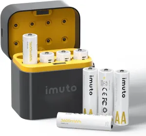 imuto Rechargeable aa Batteries with Charger, 3600mWh aa Lithium Batteries 8 Pack, 8 Slot Storage Box Style Lithium aa Battery Charger, 1.5V 2A Output, 1600  Cycle Life, 3H Fast Charging