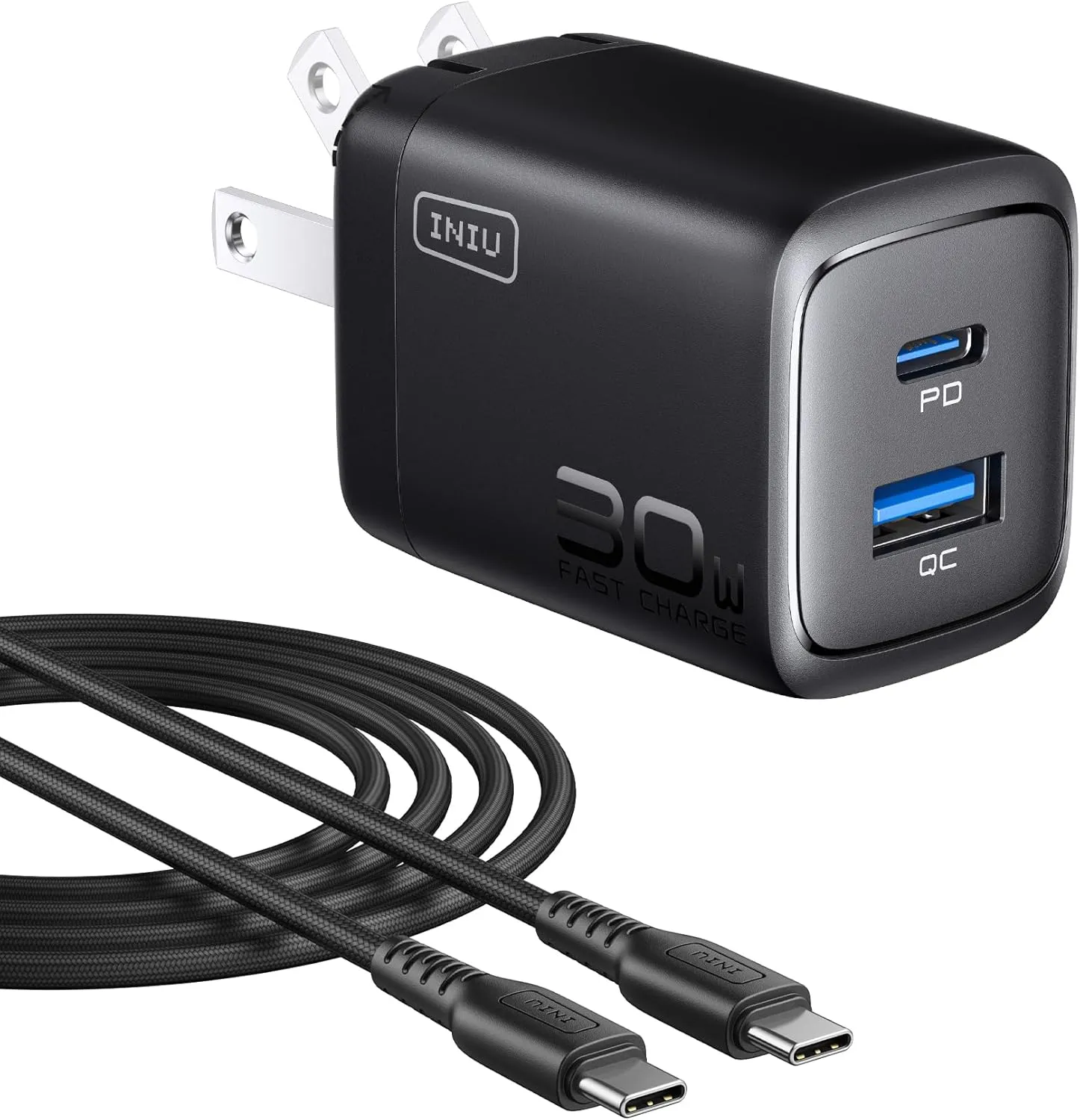 INIU USB C Charger, 30W PD QC 3.0 Dual Port Fast Charging Type C Charger Block with 5 ft USB-C Cable, USB C Wall Charger with Foldable Plug for iPhone 16 15 14 13 Pro Max Samsung S23 S22 AirPods