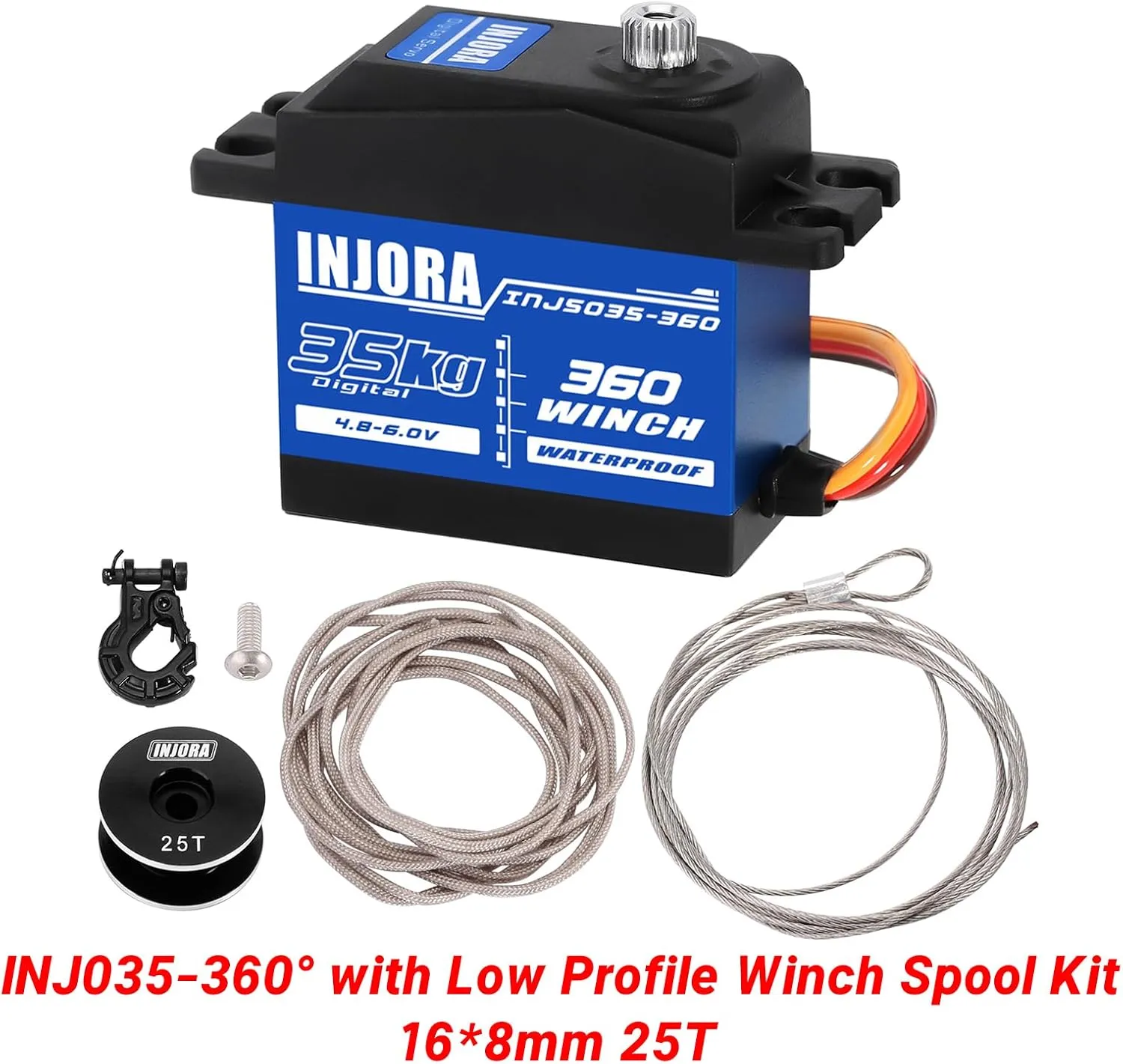 INJORA 35KG Digital Servo Waterproof 360° Rotation and 25T 8mm*16mm Servo Winch Spool for SCX10 PRO RC Crawler Car Boat Model(8mm*16mm)