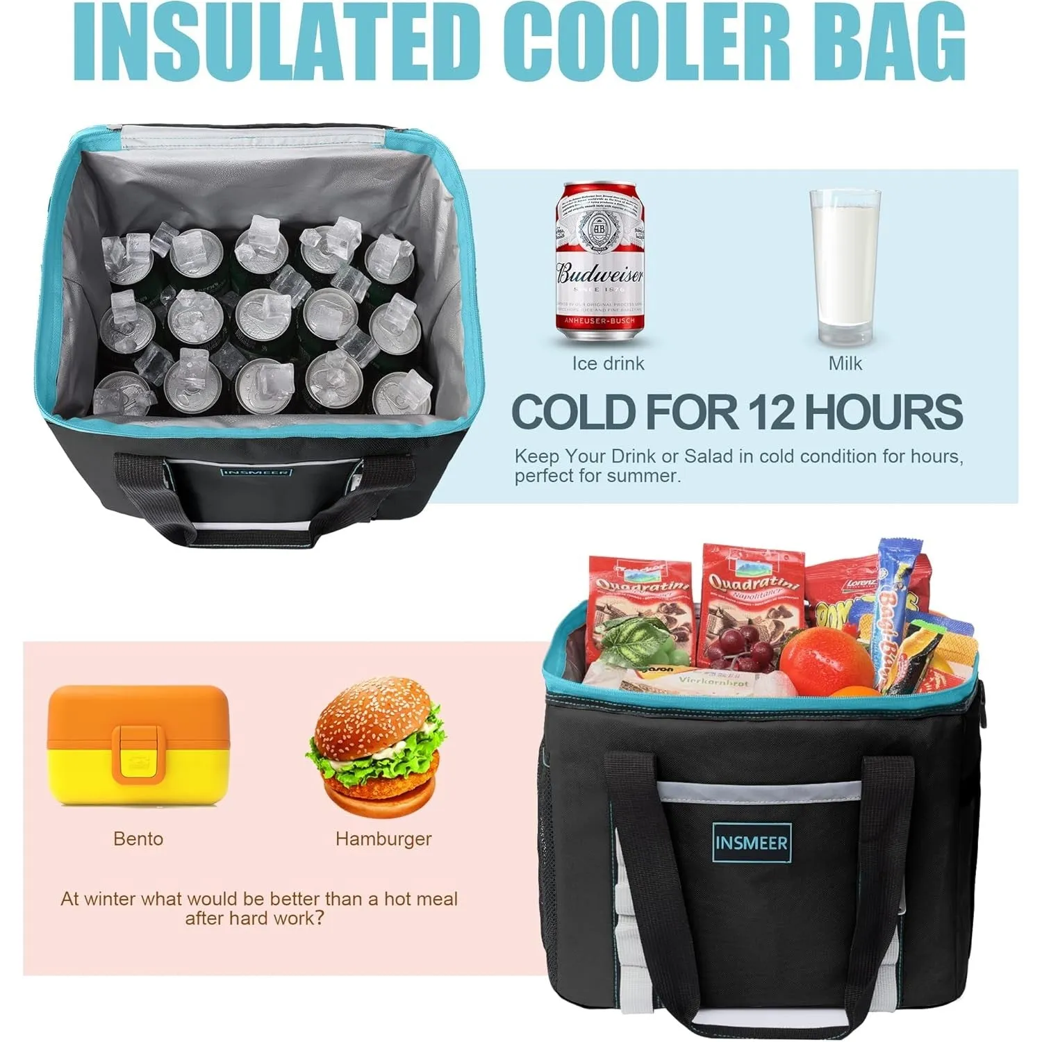 INSMEER Cooler Bag Large - 30-80 Cans, Reusable 55L/25L Soft Cooler Bags, Insulated Grocery Bags - Cooler with Bottle Opener & Removable Shoulder Strap - for Beach, Camping, Picnic, Travel - Outdoor