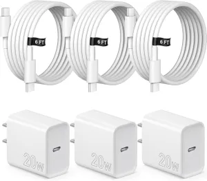 iPhone 15 16 Charger Fast Charging 3 Pack USB C Charger Block Type C Chargers 6FT Cord Wall Chargers Compatible with iPhone 16/16 Plus/16 Pro/16 Pro Max/15/15 Pro Max/iPad Pro/AirPods