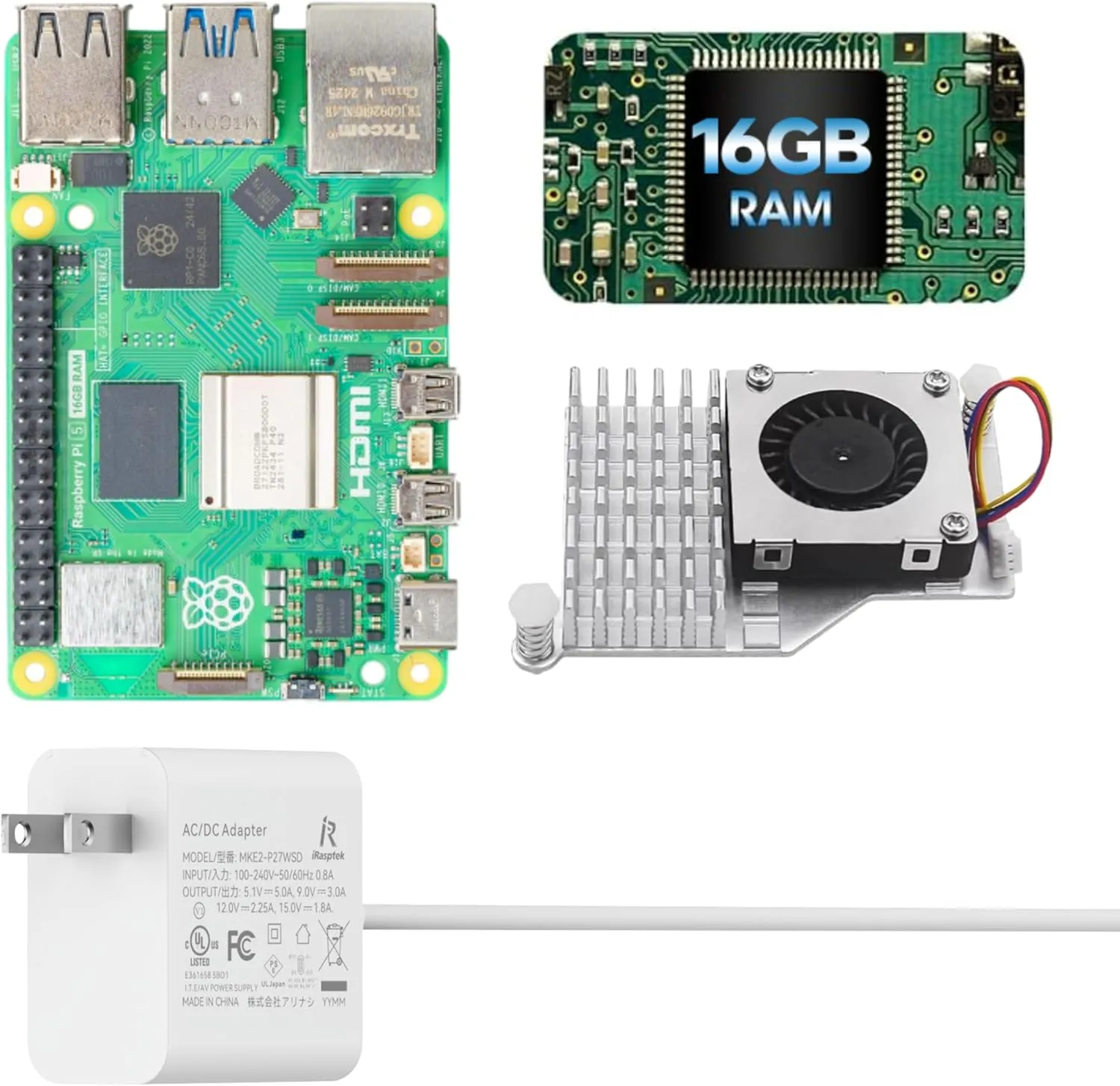iRasptek Starter Kit for Raspberry Pi 5 16GB RAM- Includes 16GB Board, 27W PD Power Supply and Active Cooler