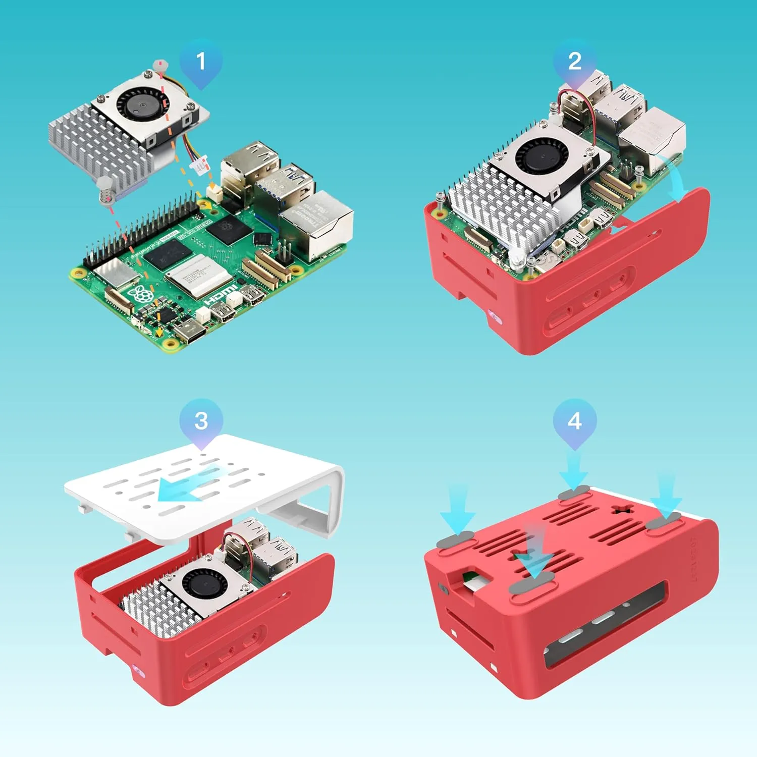 iRasptek Starter Kit for Raspberry Pi 5 RAM 4GB- 64GB Edition of OS-Bookworm Pre-Loaded（Red&White Case）