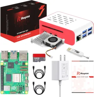 iRasptek Starter Kit for Raspberry Pi 5 RAM 4GB- 64GB Edition of OS-Bookworm Pre-Loaded（Red&White Case）
