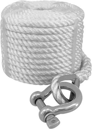 ISURE MARINE Solid Braid Nylon Marine Anchor Rope 3/8" x 75' White Anchor Line Boat Anchor Rope with Stainless Steel Thimble & Shackle