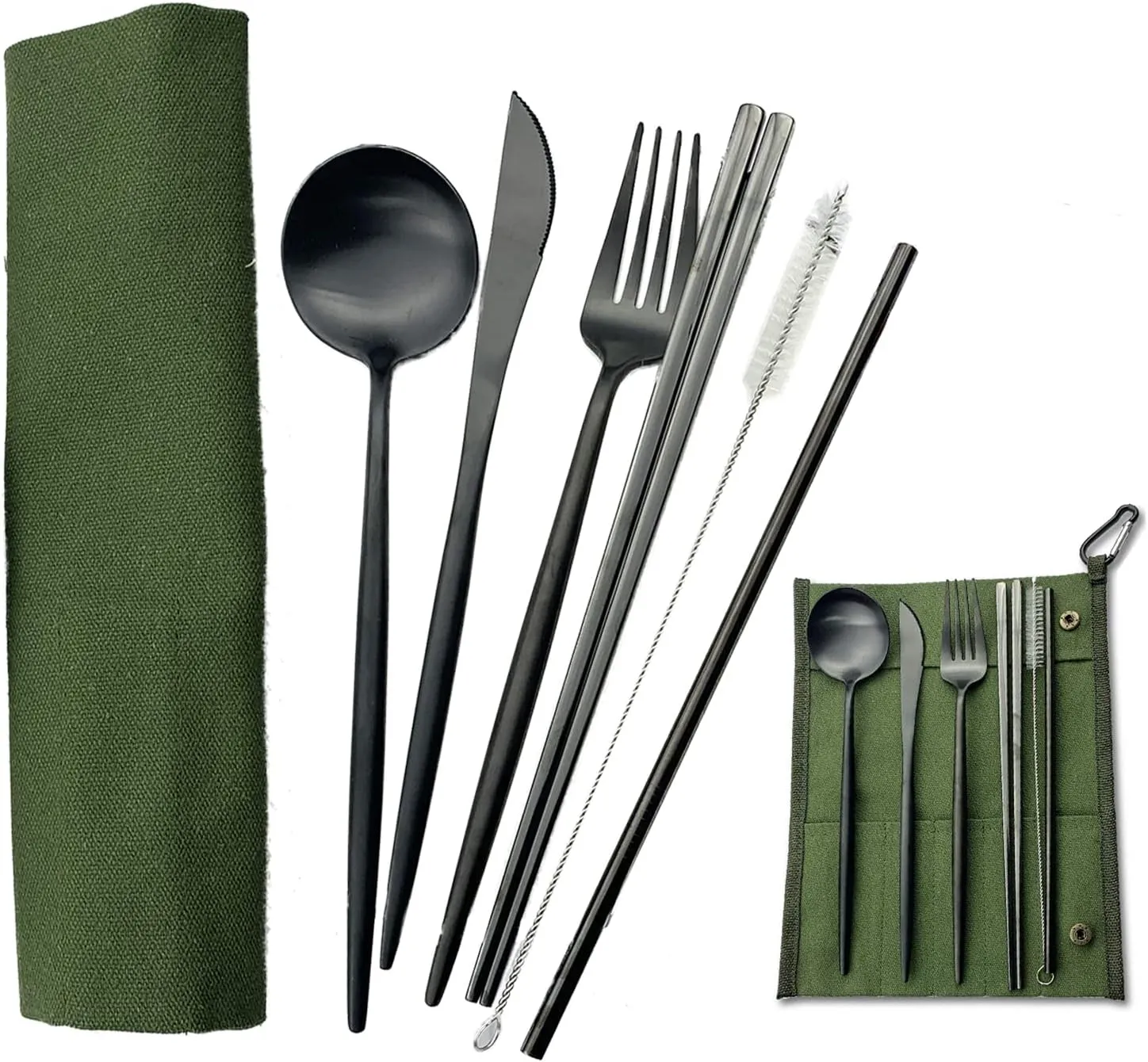 JASHII Portable Utensils, Travel Camping Cutlery Set, 7-Piece 304 Stainless Steel Flatware set including Knife Fork Spoon Chopsticks Cleaning Brush Straws Portable Case, Black - Green Pouch