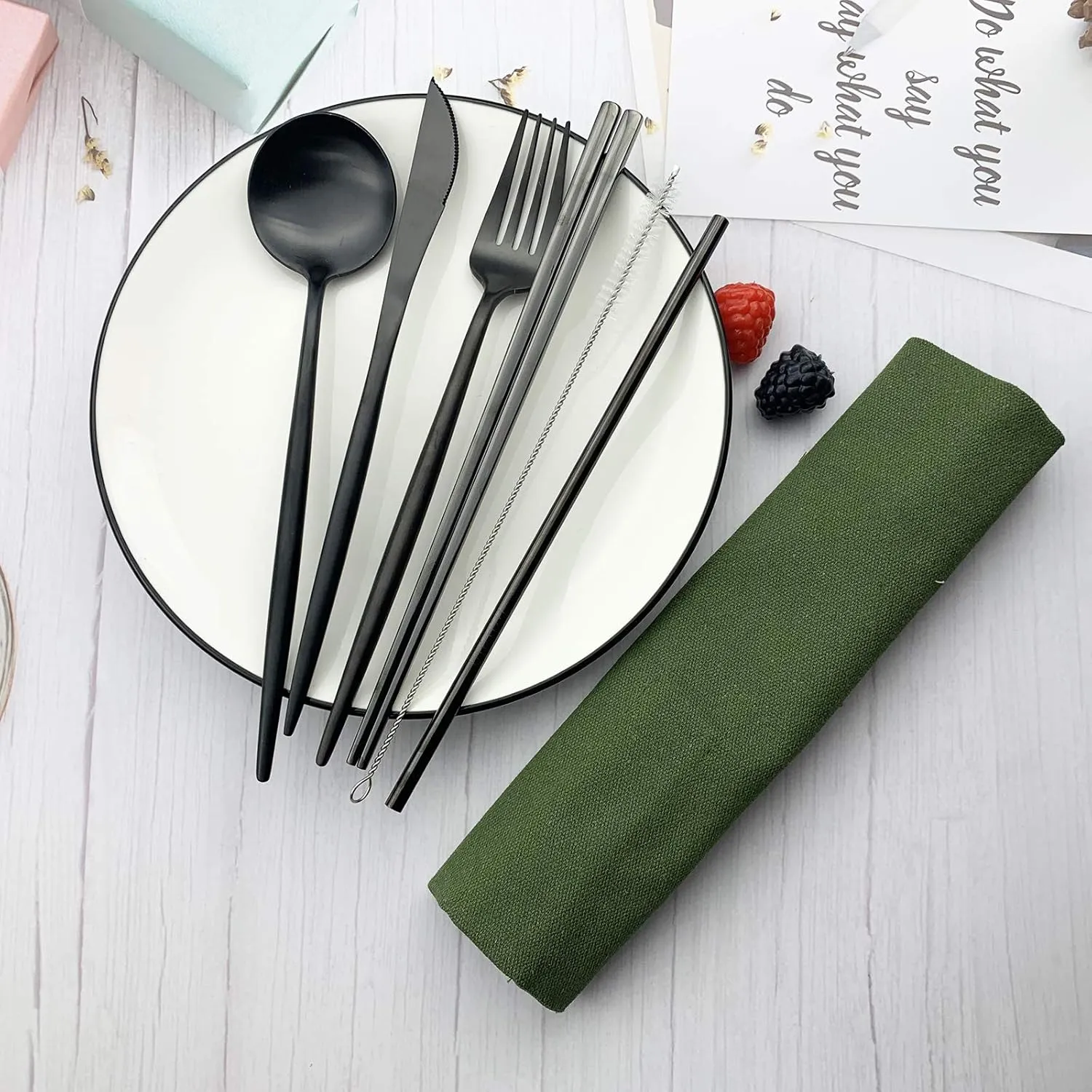 JASHII Portable Utensils, Travel Camping Cutlery Set, 7-Piece 304 Stainless Steel Flatware set including Knife Fork Spoon Chopsticks Cleaning Brush Straws Portable Case, Black - Green Pouch