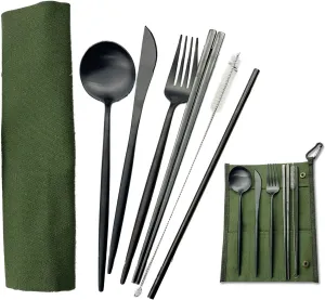 JASHII Portable Utensils, Travel Camping Cutlery Set, 7-Piece 304 Stainless Steel Flatware set including Knife Fork Spoon Chopsticks Cleaning Brush Straws Portable Case, Black - Green Pouch