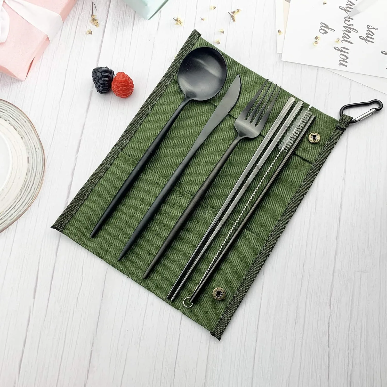 JASHII Portable Utensils, Travel Camping Cutlery Set, 7-Piece 304 Stainless Steel Flatware set including Knife Fork Spoon Chopsticks Cleaning Brush Straws Portable Case, Black - Green Pouch