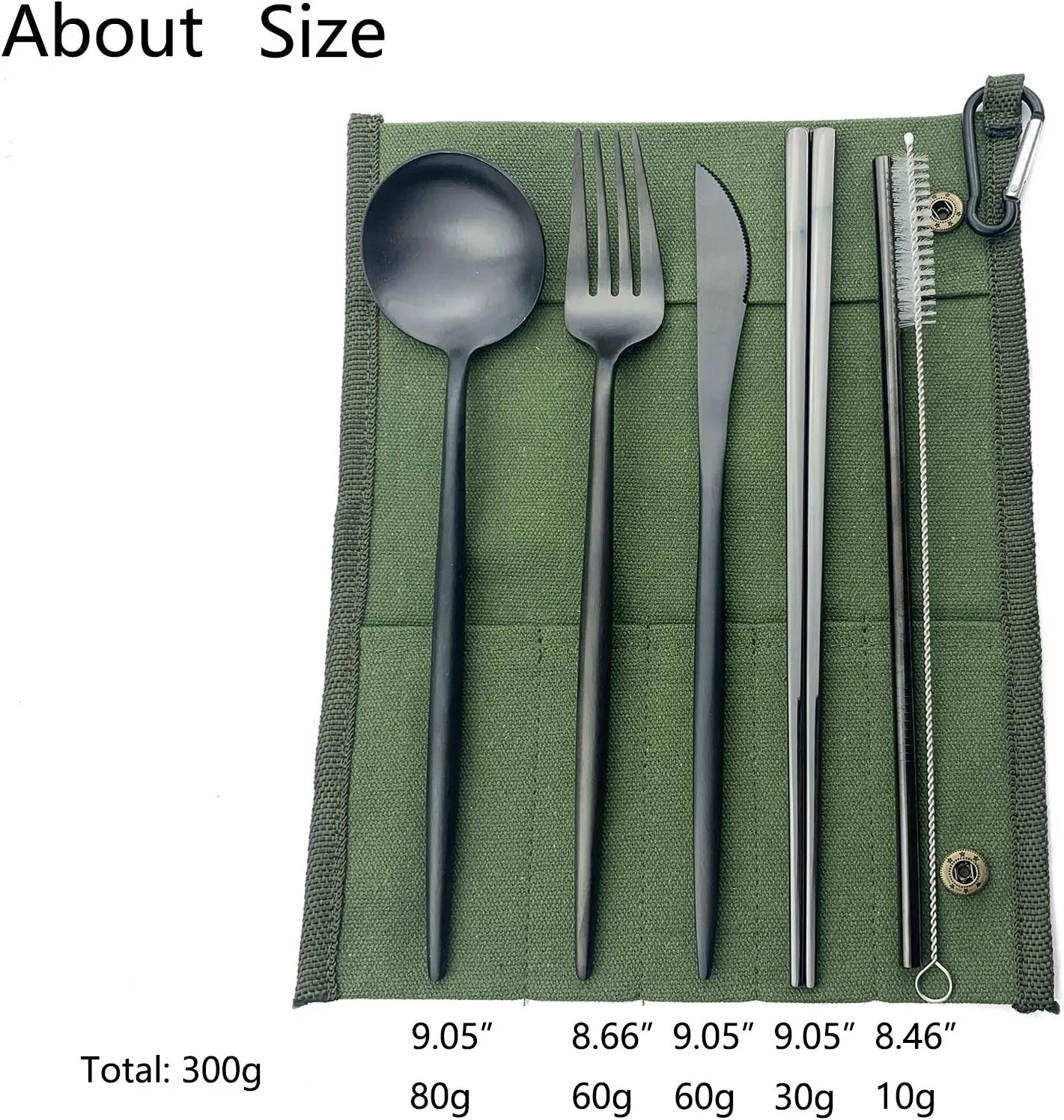 JASHII Portable Utensils, Travel Camping Cutlery Set, 7-Piece 304 Stainless Steel Flatware set including Knife Fork Spoon Chopsticks Cleaning Brush Straws Portable Case, Black - Green Pouch