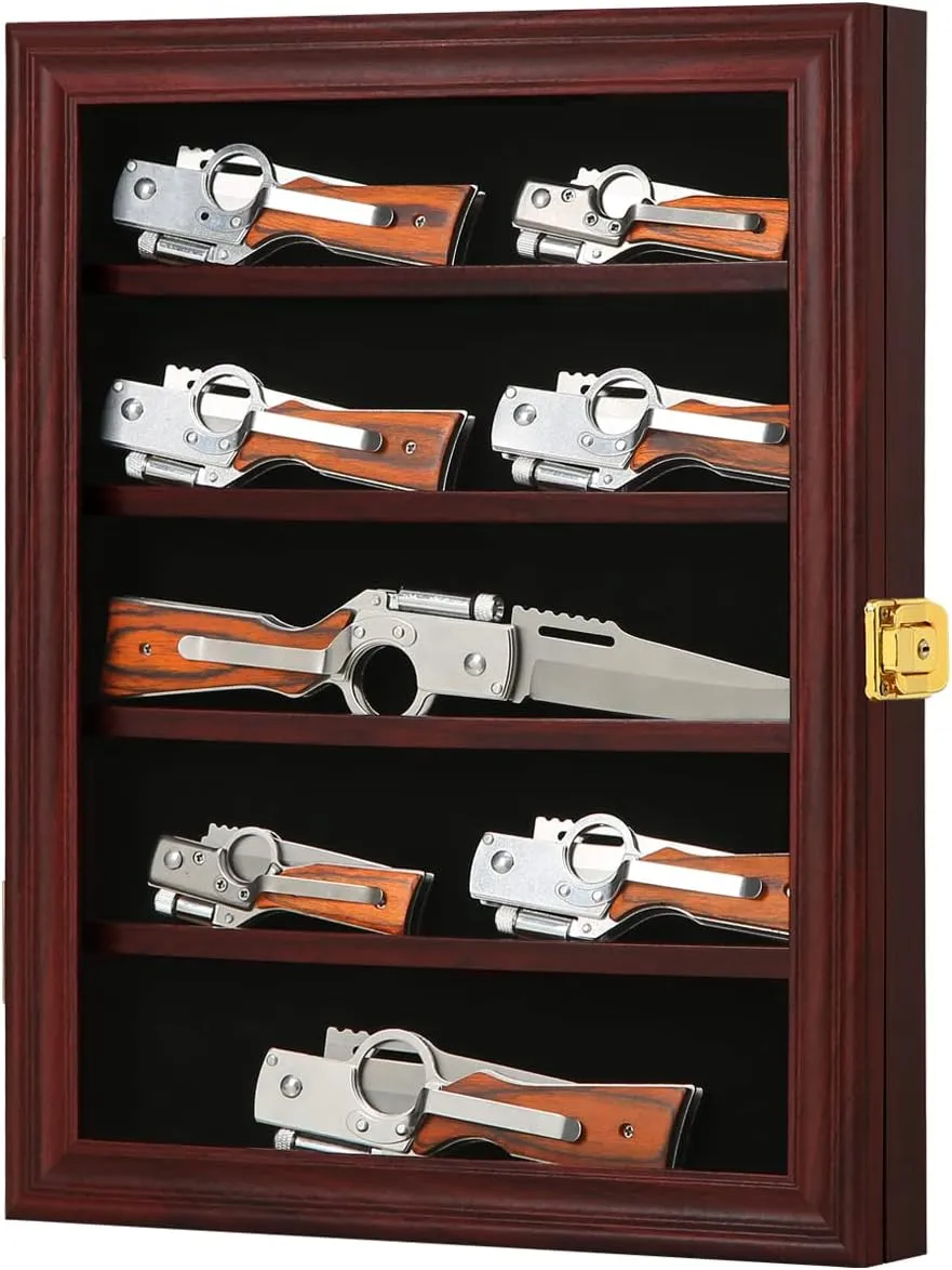 Jinchuan Knife Display Case - Pocket Knife Stand for Collections - Military Folding Knife Shadow Box Wall Cabinet with Uv Protection Acrylic Lockable,Small Mahogany