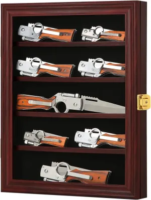Jinchuan Knife Display Case - Pocket Knife Stand for Collections - Military Folding Knife Shadow Box Wall Cabinet with Uv Protection Acrylic Lockable,Small Mahogany