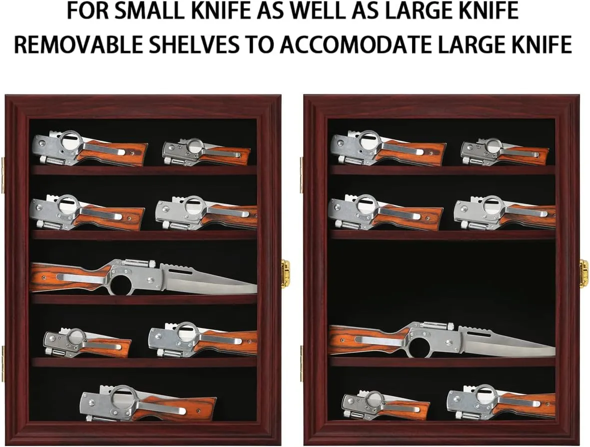 Jinchuan Knife Display Case - Pocket Knife Stand for Collections - Military Folding Knife Shadow Box Wall Cabinet with Uv Protection Acrylic Lockable,Small Mahogany