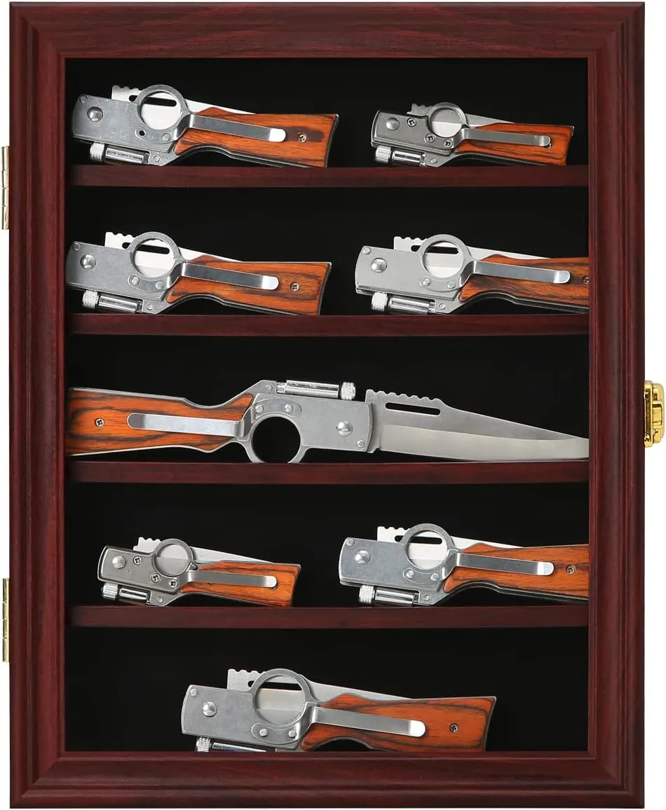 Jinchuan Knife Display Case - Pocket Knife Stand for Collections - Military Folding Knife Shadow Box Wall Cabinet with Uv Protection Acrylic Lockable,Small Mahogany
