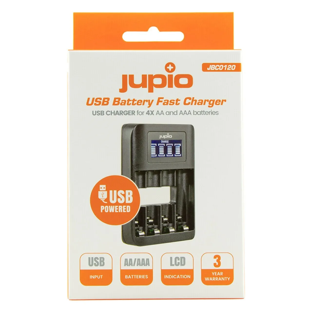Jupio 4 Slot Rechargeable AA & AAA Batteries with USB Fast Charger & LCD Screen
