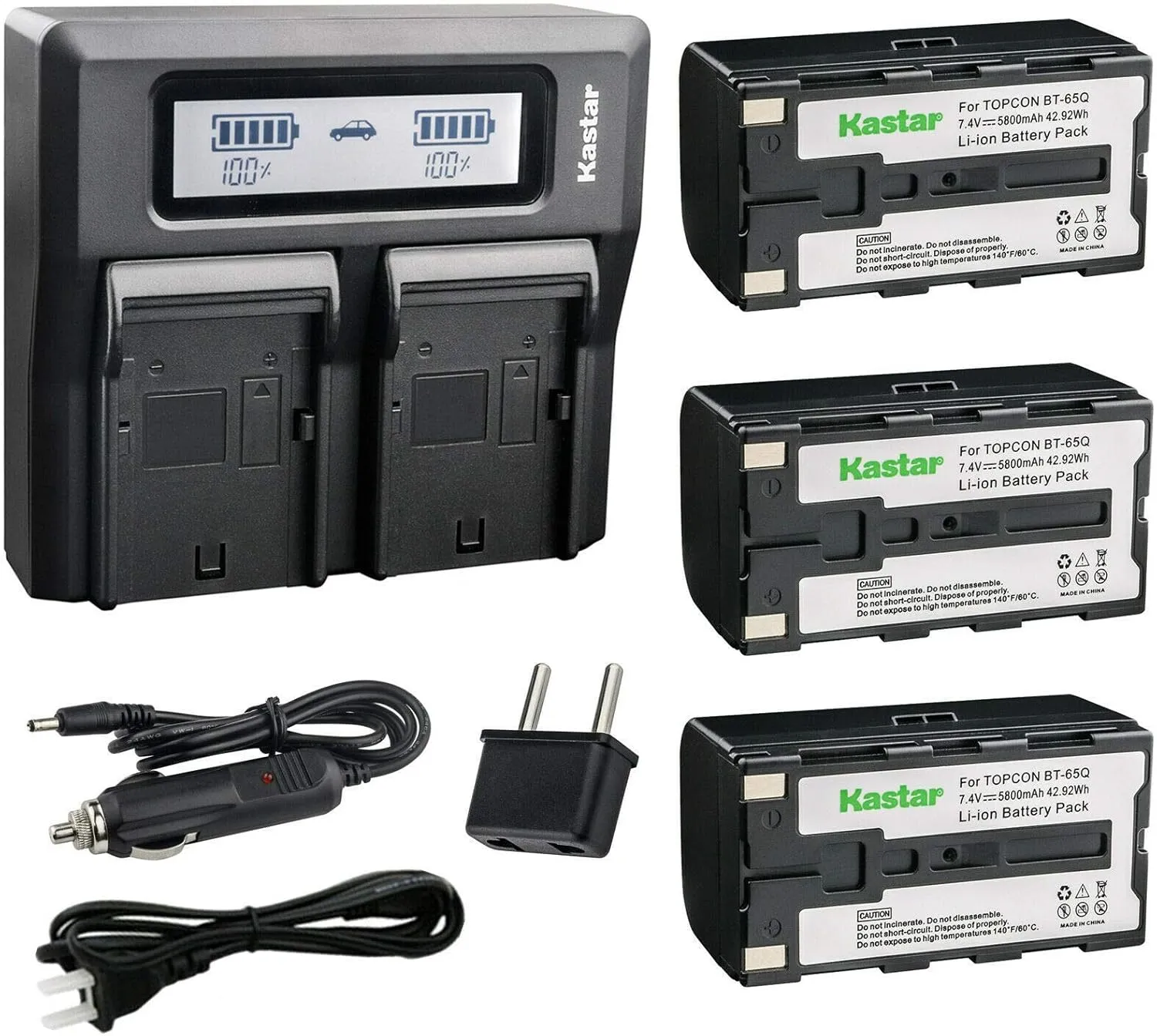 Kastar Battery 3 Pack and LCD Dual Fast Charger for Topcon BT-65Q, Topcon BC-30 BC-30D BT-30, Topcon Total Stations FC-200 FC-2200 FC-2500 GPT-7000i GTS-750 GTS-751 GPT-7500 GTS-900 GPT-9000