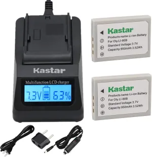Kastar Fast Charger and Battery 2-Pack for Olympus Li-80B Li-80C and Konica Minolta NP-900, BENQ DC C500 DC E43 DC E53 DC E53 DC E63 DC E720, AGFA 4Ti Aosta DA 4092 DA 5091 DA 5092 DA 5094, Avant S4