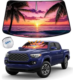 KDM Sunset Beach Style Windshield Sun Shade Fit for 2016-2023 to-yota Tacoma,Foldable Front Reflective Windows Sunshade Visor Protector Blocks UV Rays Heat