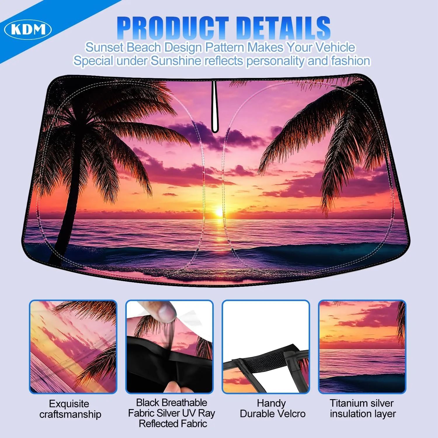 KDM Sunset Beach Style Windshield Sun Shade Fit for 2016-2023 to-yota Tacoma,Foldable Front Reflective Windows Sunshade Visor Protector Blocks UV Rays Heat