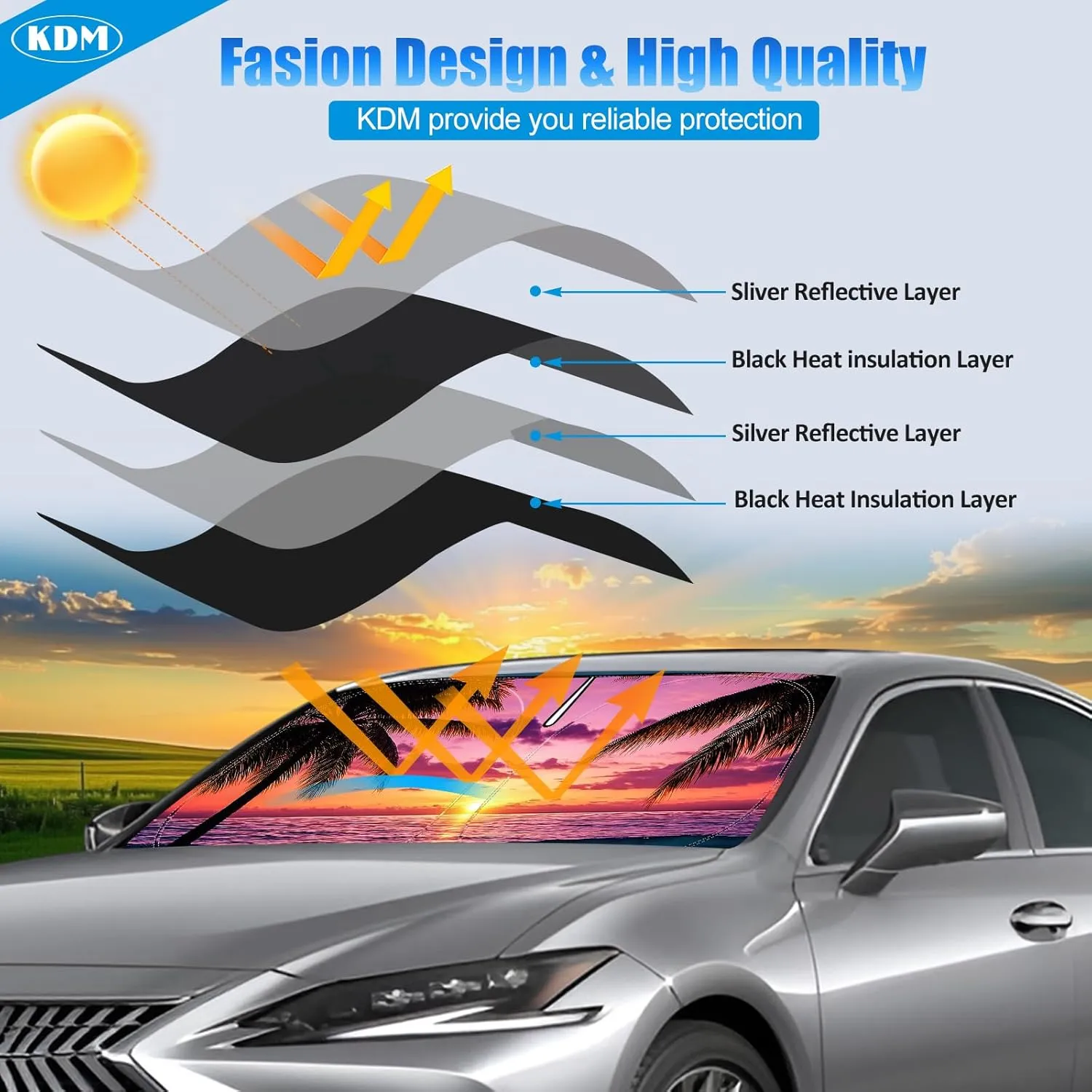 KDM Sunset Beach Style Windshield Sun Shade Fit for 2016-2023 to-yota Tacoma,Foldable Front Reflective Windows Sunshade Visor Protector Blocks UV Rays Heat