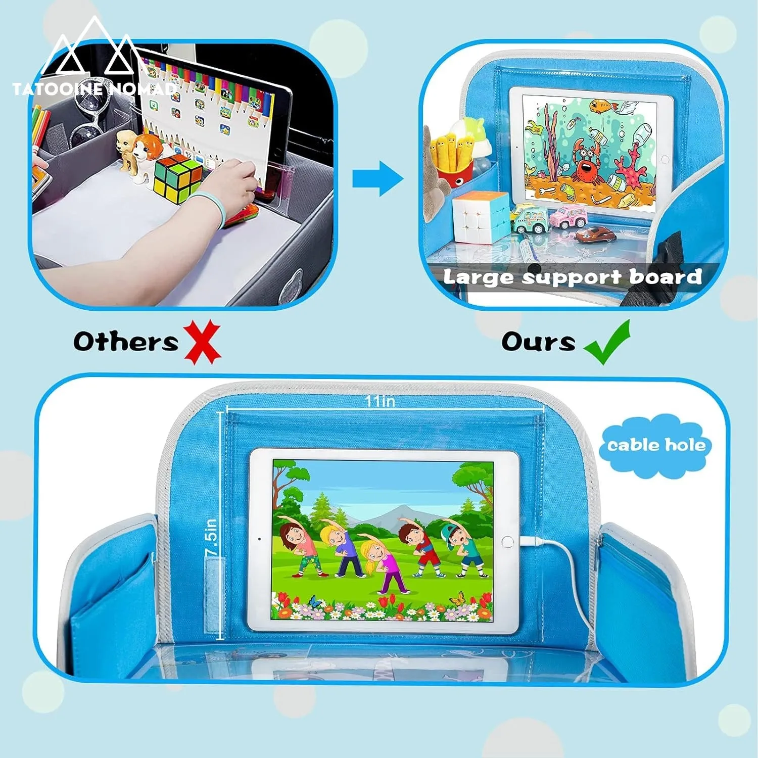 Kids Travel Tray, Car Seat Trays for Kids Travel, Toddler Airplane Travel Accessories with Tablet Holder, Road Car Travel Accessories Kids with Dry Erase Board & Storage Pocket, Blue