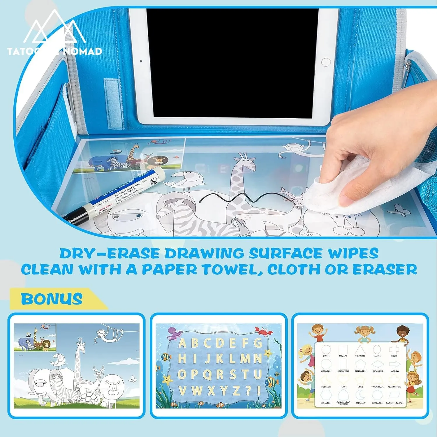 Kids Travel Tray, Car Seat Trays for Kids Travel, Toddler Airplane Travel Accessories with Tablet Holder, Road Car Travel Accessories Kids with Dry Erase Board & Storage Pocket, Blue