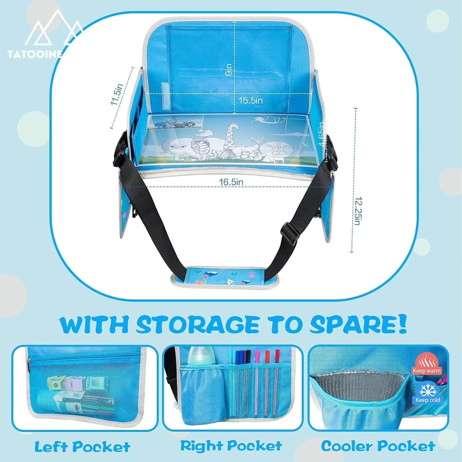 Kids Travel Tray, Car Seat Trays for Kids Travel, Toddler Airplane Travel Accessories with Tablet Holder, Road Car Travel Accessories Kids with Dry Erase Board & Storage Pocket, Blue