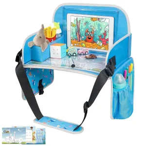 Kids Travel Tray, Car Seat Trays for Kids Travel, Toddler Airplane Travel Accessories with Tablet Holder, Road Car Travel Accessories Kids with Dry Erase Board & Storage Pocket, Blue