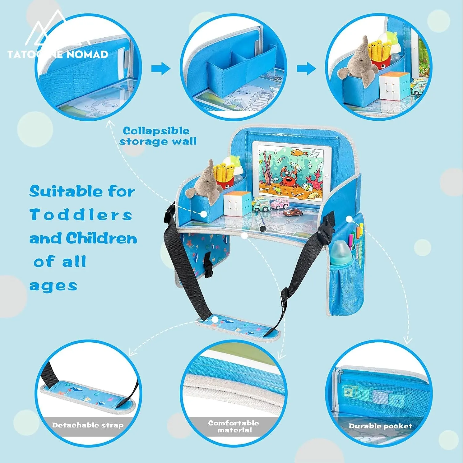 Kids Travel Tray, Car Seat Trays for Kids Travel, Toddler Airplane Travel Accessories with Tablet Holder, Road Car Travel Accessories Kids with Dry Erase Board & Storage Pocket, Blue