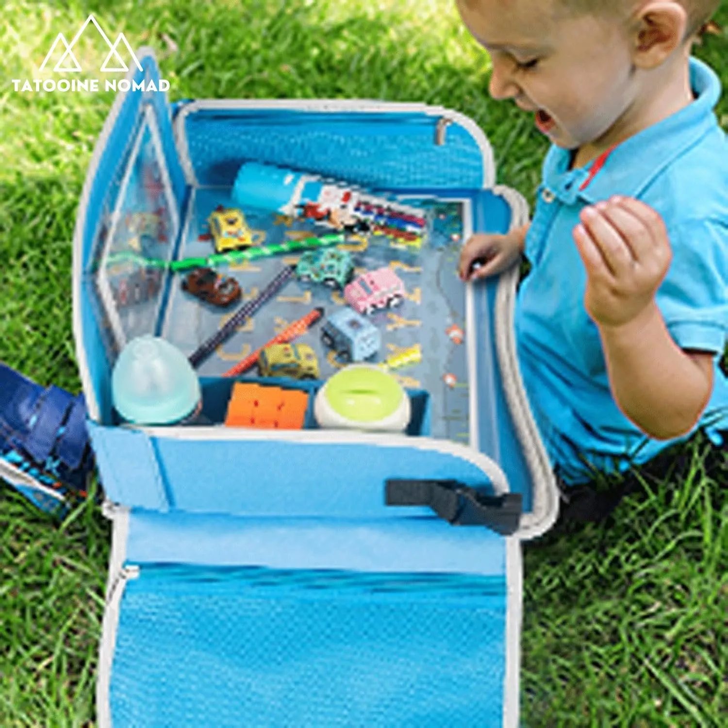 Kids Travel Tray, Car Seat Trays for Kids Travel, Toddler Airplane Travel Accessories with Tablet Holder, Road Car Travel Accessories Kids with Dry Erase Board & Storage Pocket, Blue