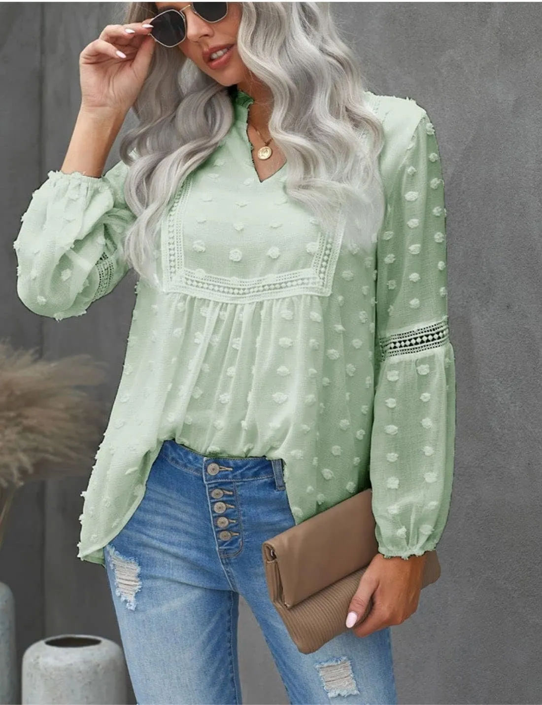 Kinkia Women's Loose Fit Chiffon Blouse Tops Swiss Dot Crochet Lace Puff Sleeve V Neck Tunic Shirts