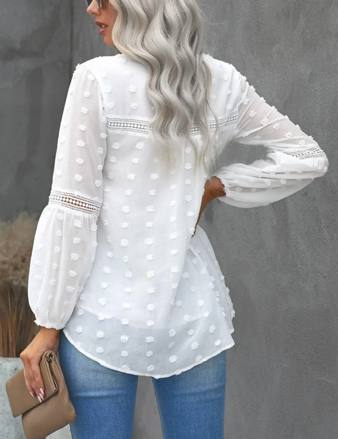 Kinkia Women's Loose Fit Chiffon Blouse Tops Swiss Dot Crochet Lace Puff Sleeve V Neck Tunic Shirts